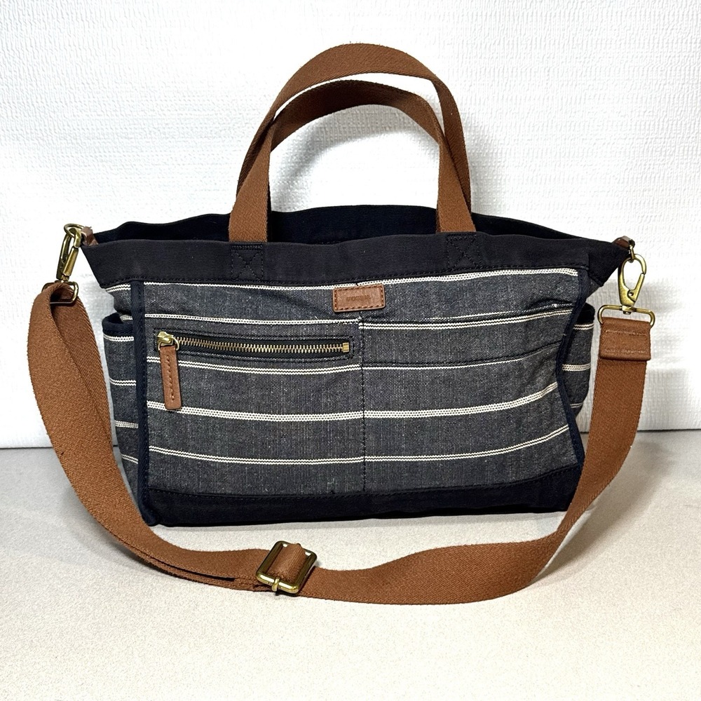 Striped Canvas Tote with Brown Accent Strap